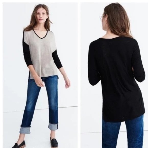 Madewell Anthem Long-Sleeve V-Neck Colorblock Tee in Taupe/Black - Sz XS - Picture 1 of 6